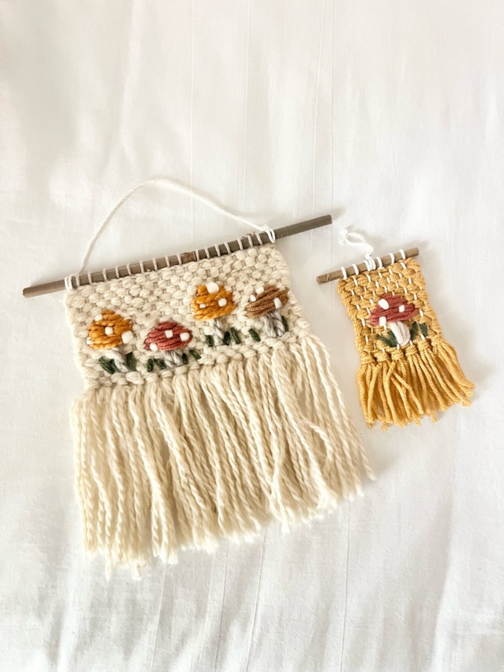 Boho Mushroom Wall Decor Set Handmade Woven Fringe Hanging Bundle (2 Pieces) - Picture 3 of 5